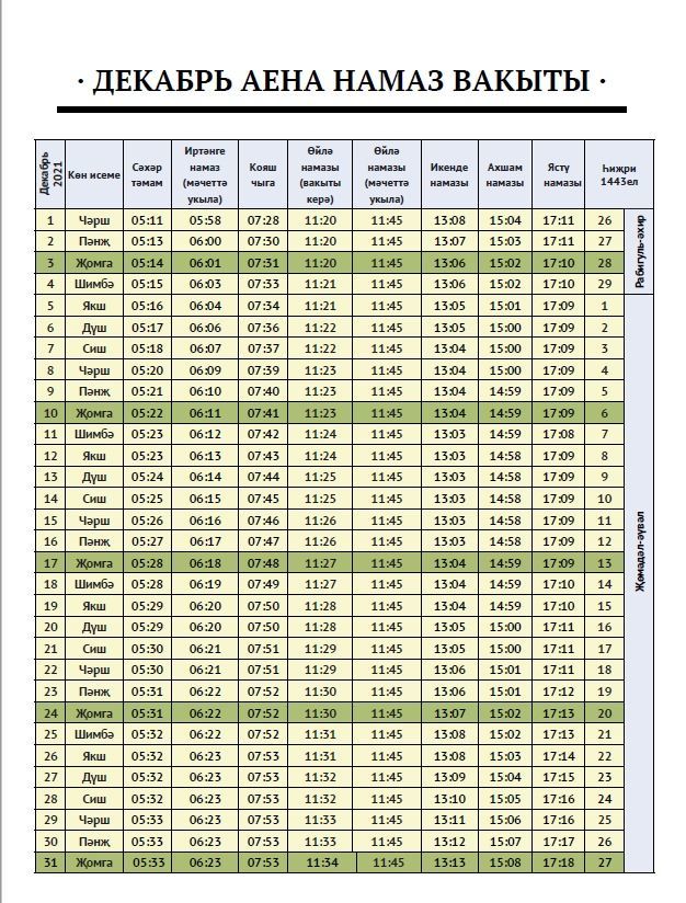 Декабрь аена намаз вакытын тәкъдим итәбез
