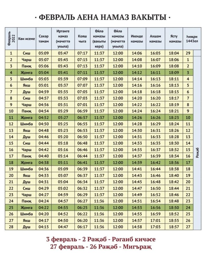 Февраль аена Актанышта намаз вакыты
