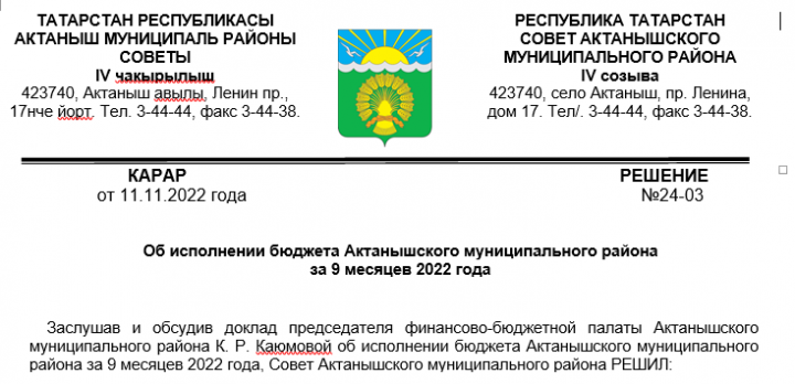 Об исполнении бюджета Актанышского муниципального района  за 9 месяцев 2022 года