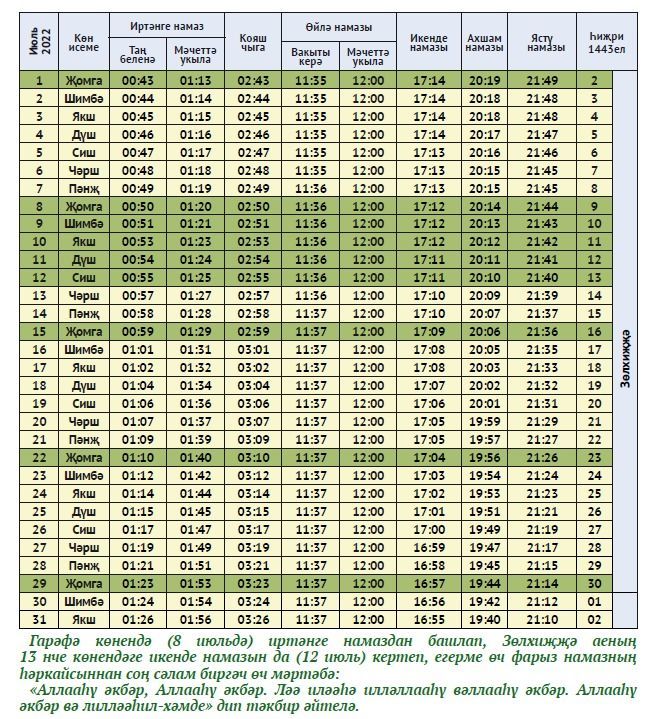 Июль аена Актанышта намаз вакыты