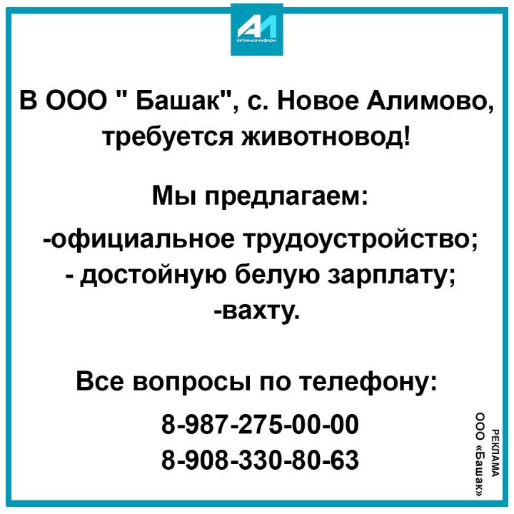 В ООО » Башак», с Новое Алимово, требуется животновод!