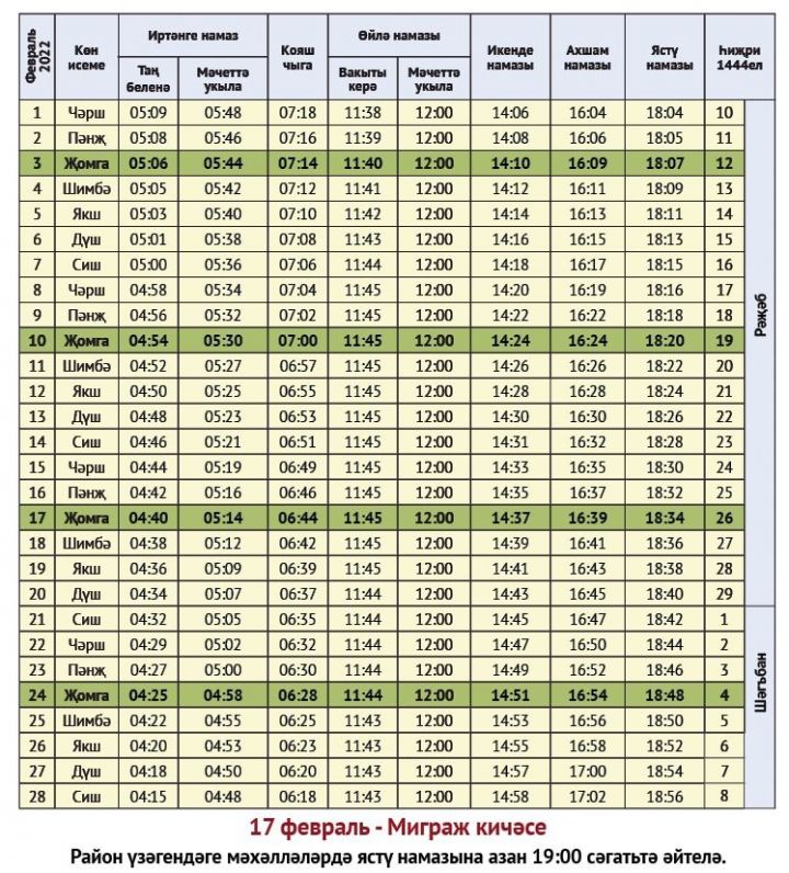 Февраль аена намаз вакытын тәкъдим итәбез