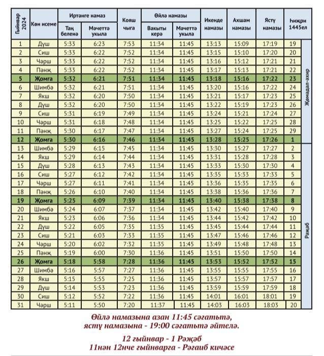 Районыбыздагы дин кардәшләребез өчен намаз вакыты