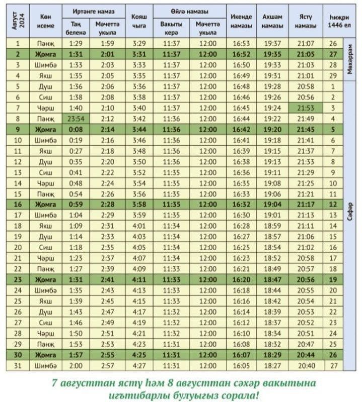 Актаныш районына август ае өчен намаз вакыты билгеле